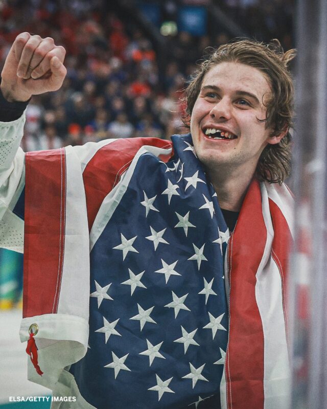 Jack Hughes Teeth Gold USA Hockey Team Olympics Winter 2026 Champion