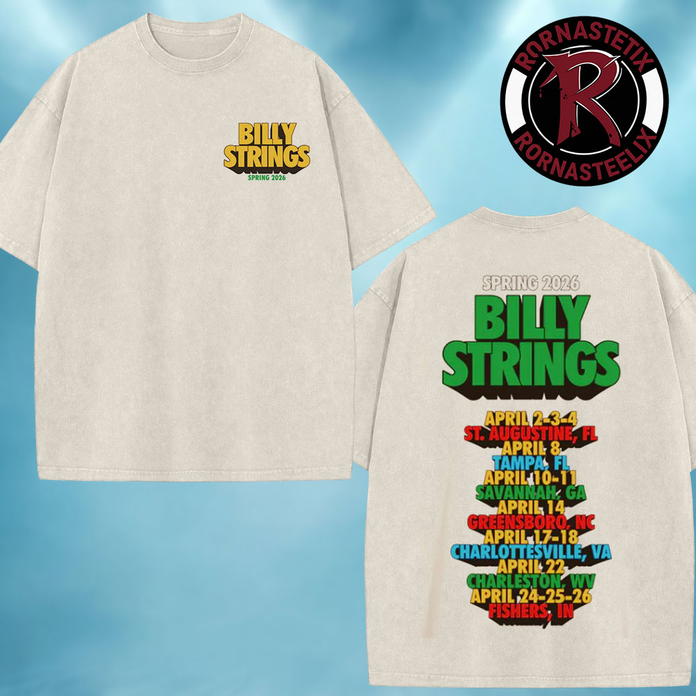 Billy Strings Springs 2026 Exclusive Merch Funky Text Tee with Dates Washed T Shirt Billy Strings Springs 2026 Exclusive Merch Funky Text Tee with Dates Washed T Shirt