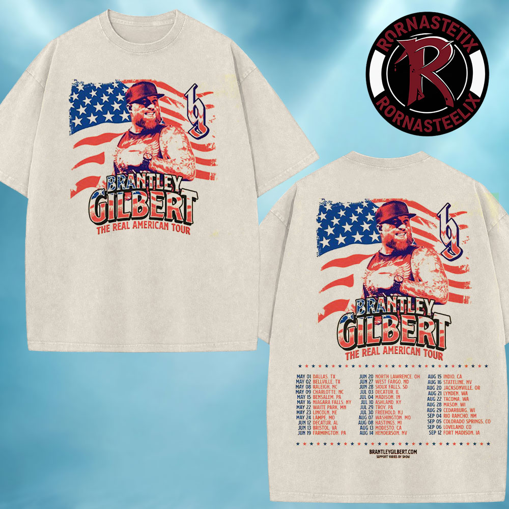 Brantley Gilbert The Real American Tour 2026 Schedule Tour Dates Washed T-Shirt Brantley Gilbert The Real American Tour 2026 Schedule Tour Dates Washed T-Shirt