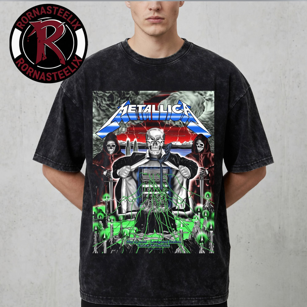 Metallica M72 Zurich Switzerland Event Poster At Stadion Letzigrund On May 27 2026 M72 World Tour 2026 Art By Luca Schenardi Mecha Skull Washed T Shirt Metallica M72 Zurich Switzerland Event Poster At Stadion Letzigrund On May 27 2026 M72 World Tour 2026 Art By Luca Schenardi Mecha Skull Washed T Shirt
