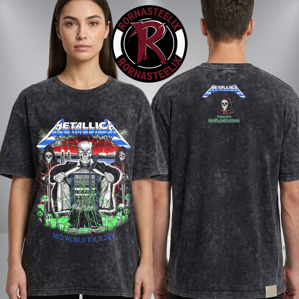 Metallica M72 Zurich Switzerland Event Tee Show At Stadion Letzigrund On May 27 2026 M72 World Tour 2026 Mecha Skull Washed T Shirt Metallica M72 Zurich Switzerland Event Tee Show At Stadion Letzigrund On May 27 2026 M72 World Tour 2026 Mecha Skull Washed T Shirt