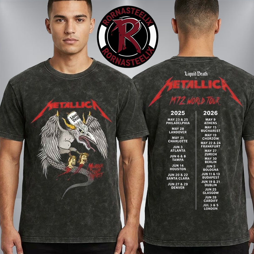 Metallica x Liquid Death M72 Bucharest Merch At Arena Nationala Bucuresti Romania Murder Your Thirst Washed T-Shirt Metallica x Liquid Death M72 Bucharest Merch At Arena Nationala Bucuresti Romania Murder Your Thirst Washed T-Shirt
