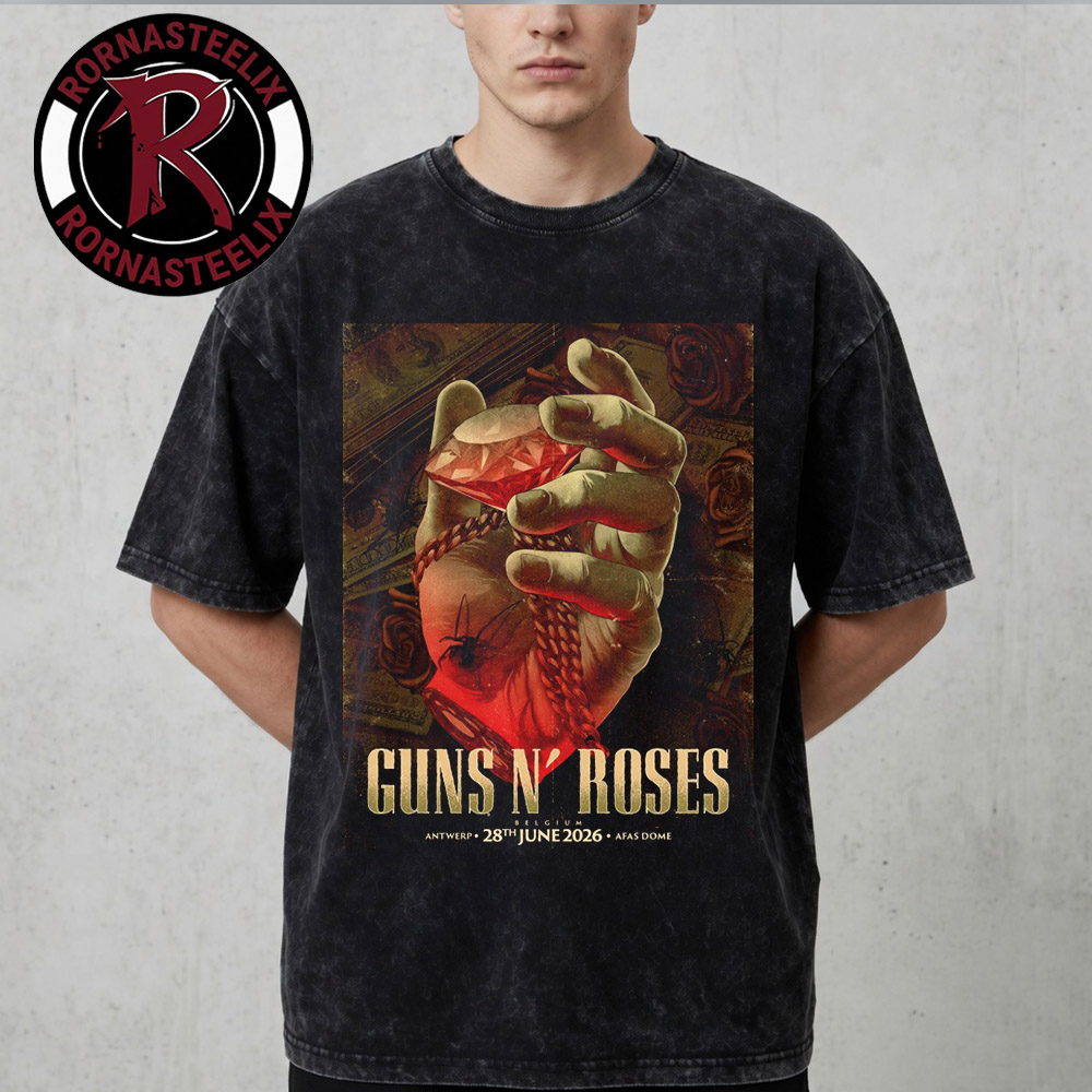 Guns N Roses Belgium 2026 Venue Poster At AFAS Dome In Antwerp Belgium On June 28 2026 Reunite After 16 Years Washed T Shirt Guns N Roses Belgium 2026 Venue Poster At AFAS Dome In Antwerp Belgium On June 28 2026 Reunite After 16 Years Washed T Shirt