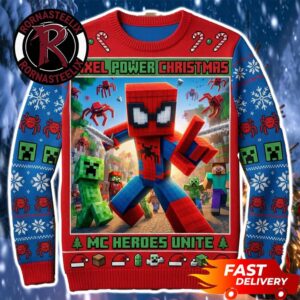 Spiderman x Minecraft Pixel Power Christmas Horoes Unite Minecraft Ugly Sweater