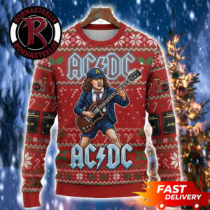 Angus Young Play Guitar 2026 Red Rock Pattern Christmas ACDC Ugly Sweater