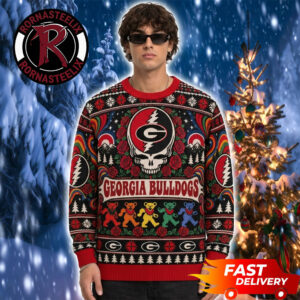 Georgia Bulldogs x Grateful Dead Dancing Bears Skull Roses Christmas Fan Gift NCAA Ugly Sweater
