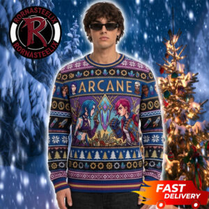 Jinx and Vi Crystal City Purple Pattern 2026 League Of Legends Christmas Arcane Ugly Sweater