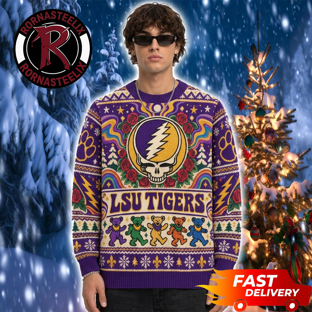 LSU Tigers x Grateful Dead Purple Iconic Logo Pattern Christmas Fan Gift NCAA Ugly Sweater LSU Tigers x Grateful Dead Purple Iconic Logo Pattern Christmas Fan Gift NCAA Ugly Sweater