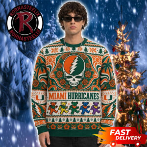 Miami Hurricanes x Grateful Dead Noel Tree Logo Pattern Christmas Fan Gift NCAA Ugly Sweater