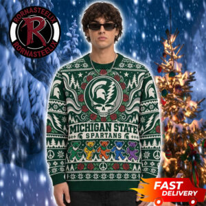 Michigan State Spartans x Grateful Dead Green Sparta Mascot Bear Dancing Logo Pattern Christmas Fan Gift NCAA Ugly Sweater