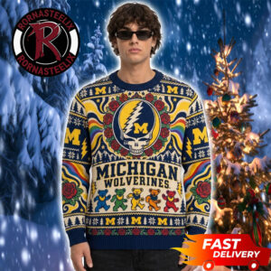 Michigan Wolverines x Grateful Dead Dancing Bear Mascot Christmas Fan Gift NCAA Ugly Sweater