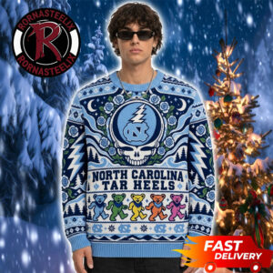 North Carolina x Grateful Dead Light Blue Mascot Bear Dancing Logo Pattern Christmas Fan Gift NCAA Ugly Sweater