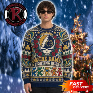 Notre Dame Fighting Irish x Grateful Dead Mascot Bear Dancing Logo Pattern Christmas Fan Gift NCAA Ugly Sweater