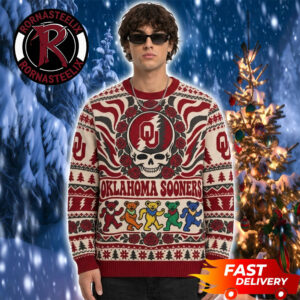 Oklahoma Sooners x Grateful Dead Red Floral Mascot Bear Dancing Logo Pattern Christmas Fan Gift NCAA Ugly Sweater