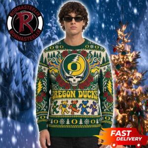 Oregon Ducks x Grateful Dead Green Yellow Mascot Bear Dancing Logo Pattern Christmas Fan Gift NCAA Ugly Sweater