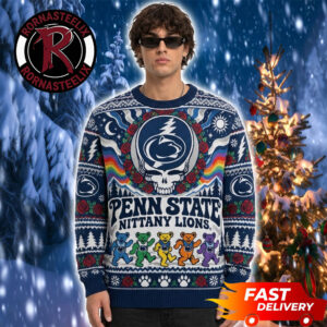Penn State Nittany Lions x Grateful Dead Navy Rainbow Mascot Bear Dancing Logo Pattern Christmas Fan Gift NCAA Ugly Sweater