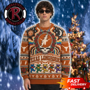 Texas Longhorns x Grateful Dead Logo Pattern Mascot Bear Dancing Christmas Fan Gift NCAA Ugly Sweater