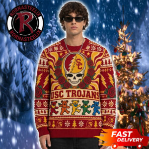 USC Trojans x Grateful Dead Red And Yellow Mascot Bear Dancing Christmas Fan Gift NCAA Ugly Sweater