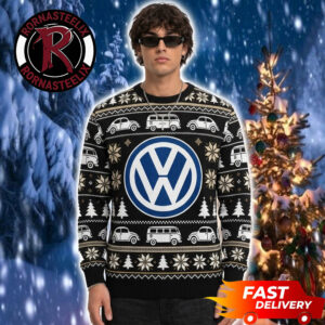 Volkswagen Official Logo VW Beetle and Bus Pattern Christmas Ugly Sweater