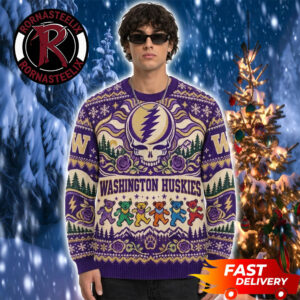 Washington Huskies x Grateful Dead Purple Mascot Bear Dancing Christmas Fan Gift NCAA Ugly Sweater