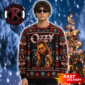 Hellraiser Portrait Flame Fire Pattern Christmas 2026 Ozzy Osbourne Ugly Sweater