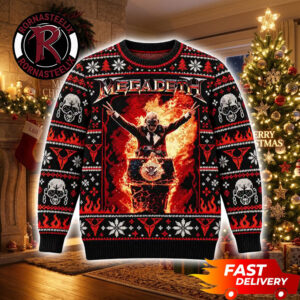 Megadeth Vic Rattlehead Flames 2026 Christmas Megadeth Ugly Sweater
