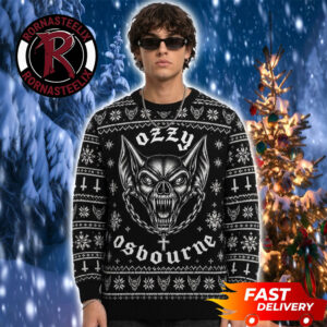 Ozzy Osbourne Bat Skull Chain Cross Monochrome 2026 Christmas Ozzy Osbourne Ugly Sweater