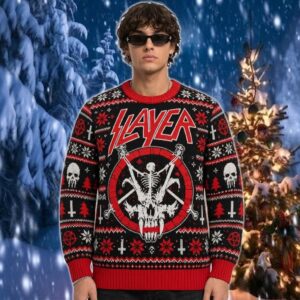 Slayer Skeleton And Skull Red Skull Logo Pattern Christmas 2026 Slayer Ugly Sweater