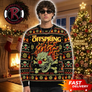 The Offspring Coming For You Flaming Clown Skull 2026 Christmas Offspring Ugly Sweater
